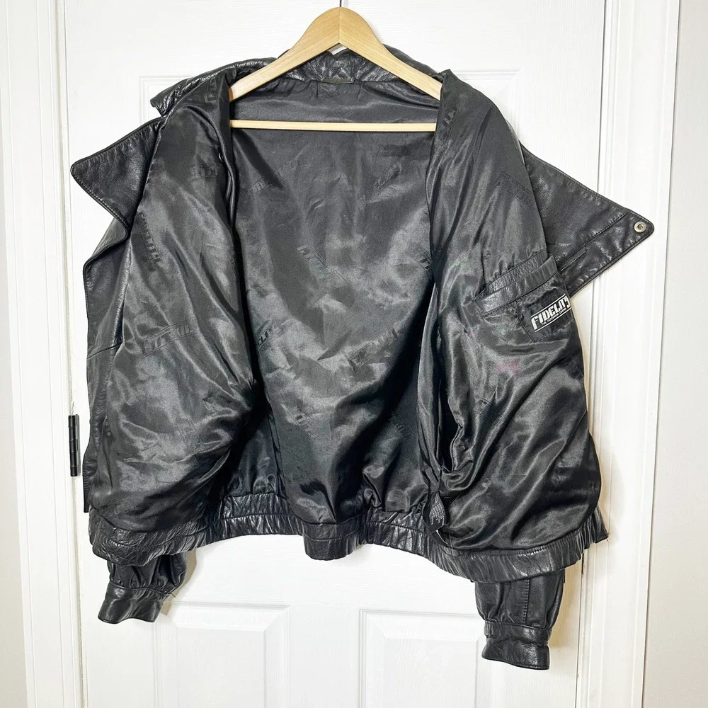 Vintage‎ Fidelity Leather Bomber Jacket Mens 44 Black Good Asymmetrical Zip 8740